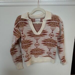 Pink Rose Cream and Brown V-Neck Sweater
